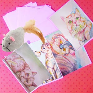 cat cards, blank inside cards,  set cards, watercolor cat illustration, handmade cat painting, cat greeting cards, cute cats