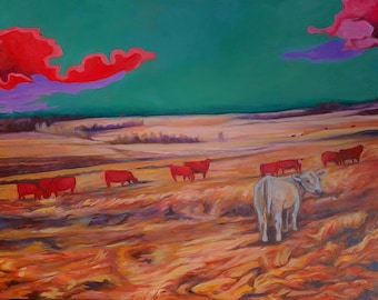 red cows, oil painting prints, rural landscape art, grazing cows in pasture, original oil painting, abstract  cloud, impressionist, country
