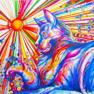 origineel aquarelsurrealisme, kleurrijke kattenillustratie, regenboogkunst, krabbelkunst, penschets