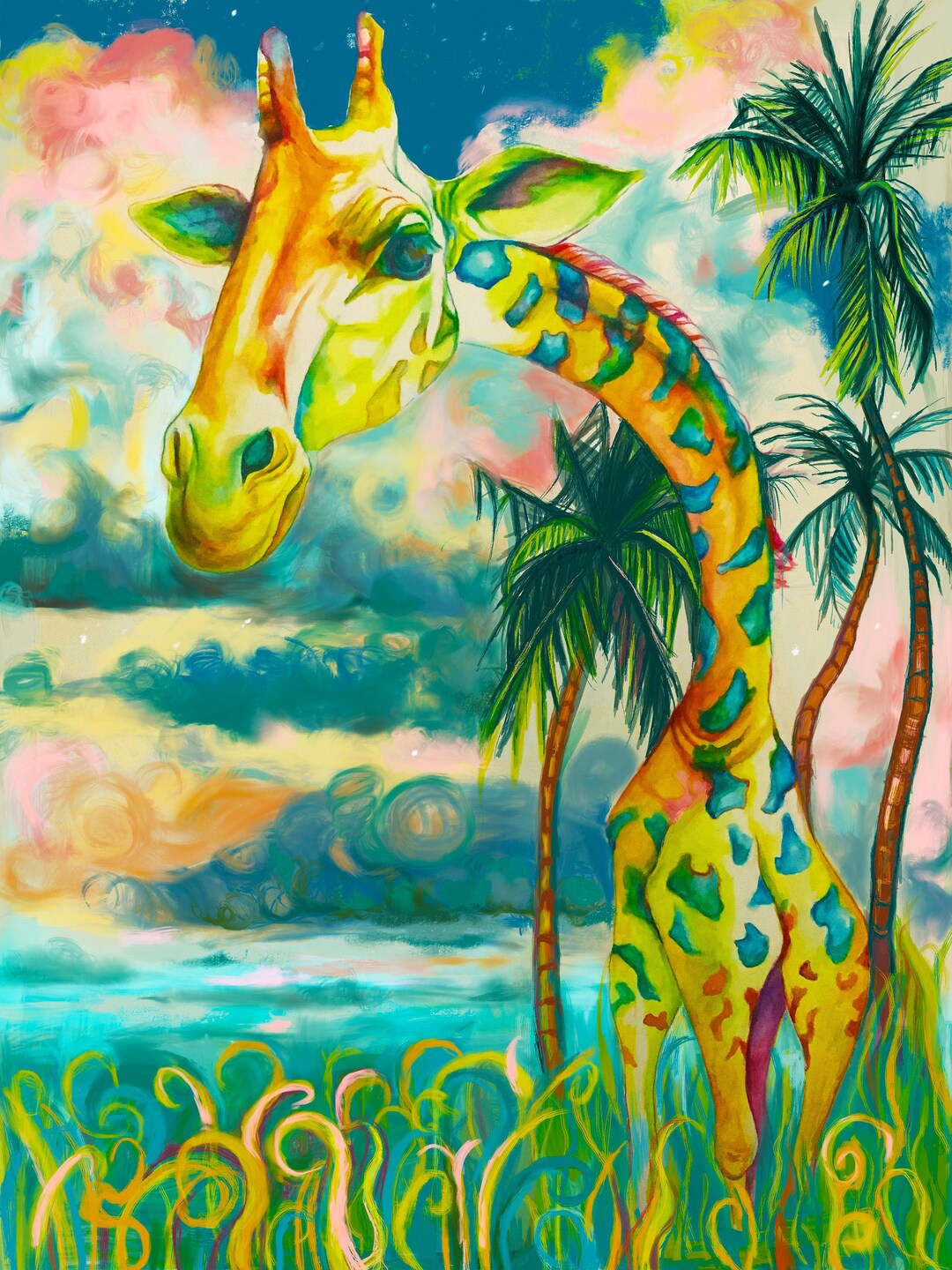 Standing African Giraffe Fantasy Scene Colorful Illustration Art standing-african-giraffe-fantasy-scene-colorful-illustration-art