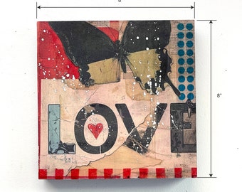 8x8 Valentines Day Art, Love Art, mixed media collage, original collage, home decor, wall art, abstract collage, handmade collage