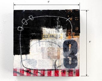 Collage abstracto original / Obra de arte de técnica mixta sobre madera (8x8 pulgadas)