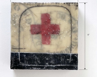 Dipinto a collage encausto, tecnica mista, arte astratta, 8x8 cm, decorazione per la casa.