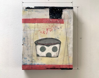 Encaustic Polkadot Bowl Painting | Mixed Media Abstract Art, 8x10