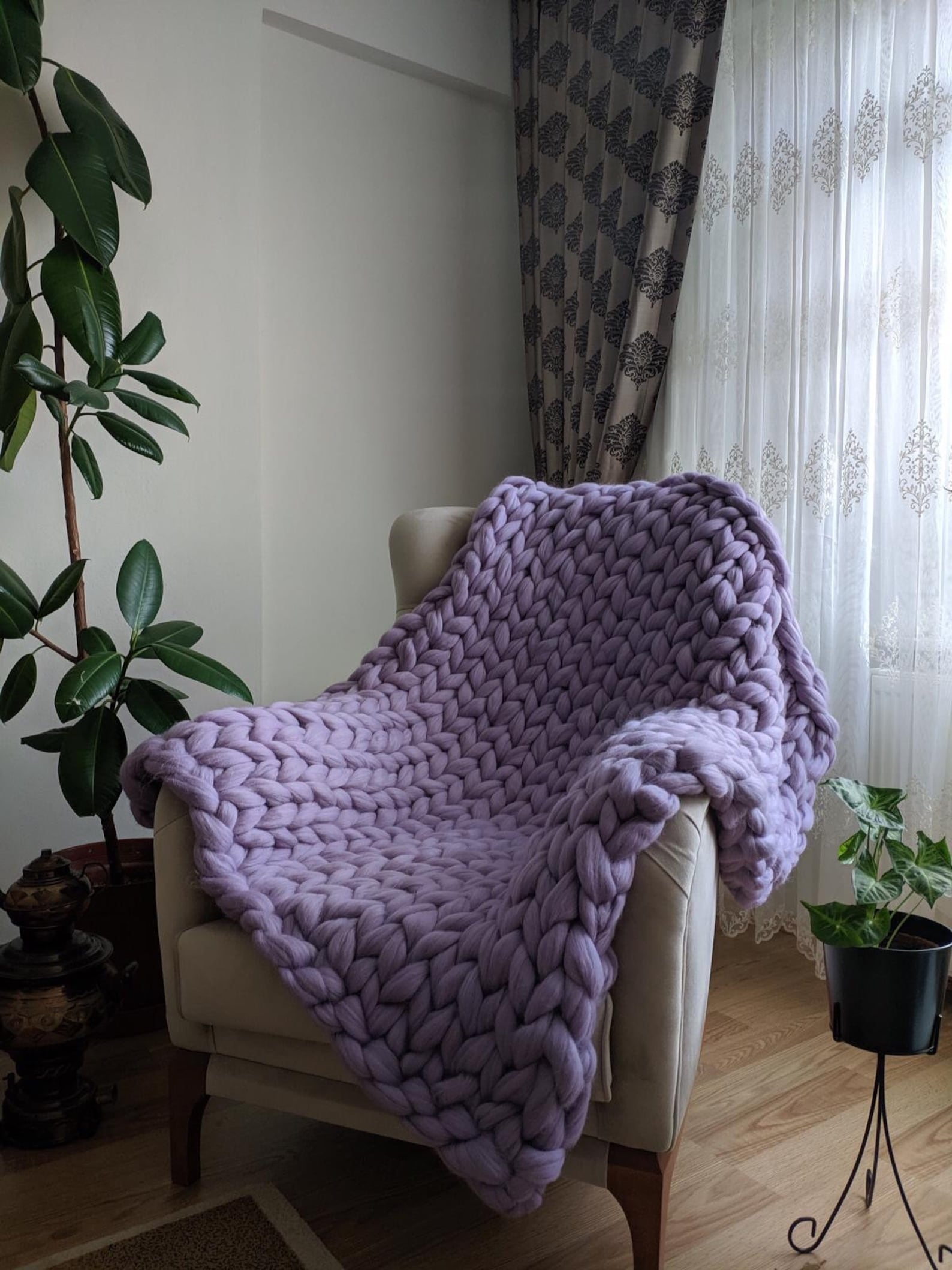 Oversized Chunky Knit Blanket Lilac Color 100 Merino Wool Etsy