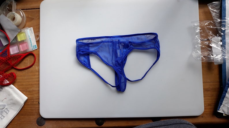 May include: A blue mesh thong underwear with a satin waistband and straps. The underwear has a low-rise design and a pouch in the front. The fabric appears to be semi-sheer.