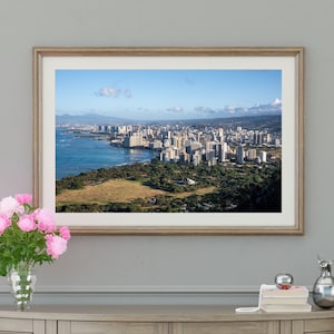 Com vista para a cidade de Honolulu, Havaí, foto da paisagem da cratera Diamond Head | Arte fotográfica digital para impressão e download instantâneo