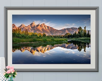 Perfect mirrored reflection of Teton mountain over the water in Grand Teton National Park | Printable and Instant Download Digital Photo Art
