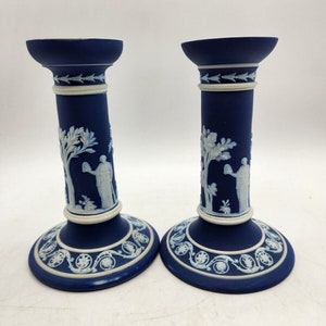 Rare Wedgwood  Jasparware Cobalt Dark Blue Candlesticks 6" Set Of 2