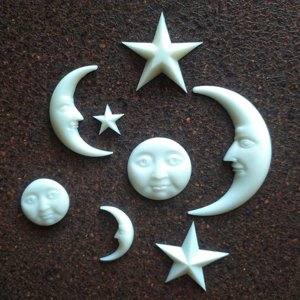 Moon and stars resin appliques set  8 pcs// doll house appliques, upclycling supplies, moon and star decor