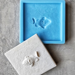 Silicone mold with fish applique, mold for concrete, mold for resin, moulds for clay, fish appliques, backsplash tiles, tiles molds