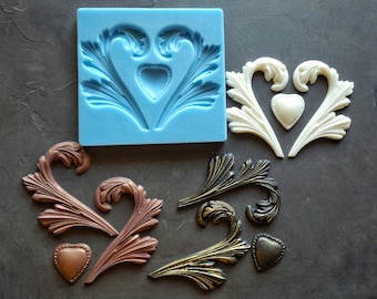 Leaf and Heart Silicone Mold, Vintage Applique Mould for Clay and Resin