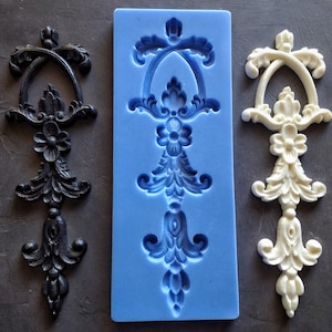 Silicone mold vertical ornate pediment, vintage applique, vintage upcycling, decorative scrolls, wall mouldings