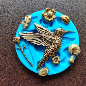 Stampo in silicone con colibrì e piante, stampo per cioccolato, fondente, argilla, resina