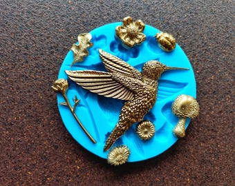 Silicone mold with a hummingbird and plants, mold for chocolate, fondant, clay, resin