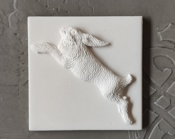 Square 3D Bunny tile 10x10cm (3.9in), square tile, decorative tile, jumping rabbit applique, wall decor, backsplash tile