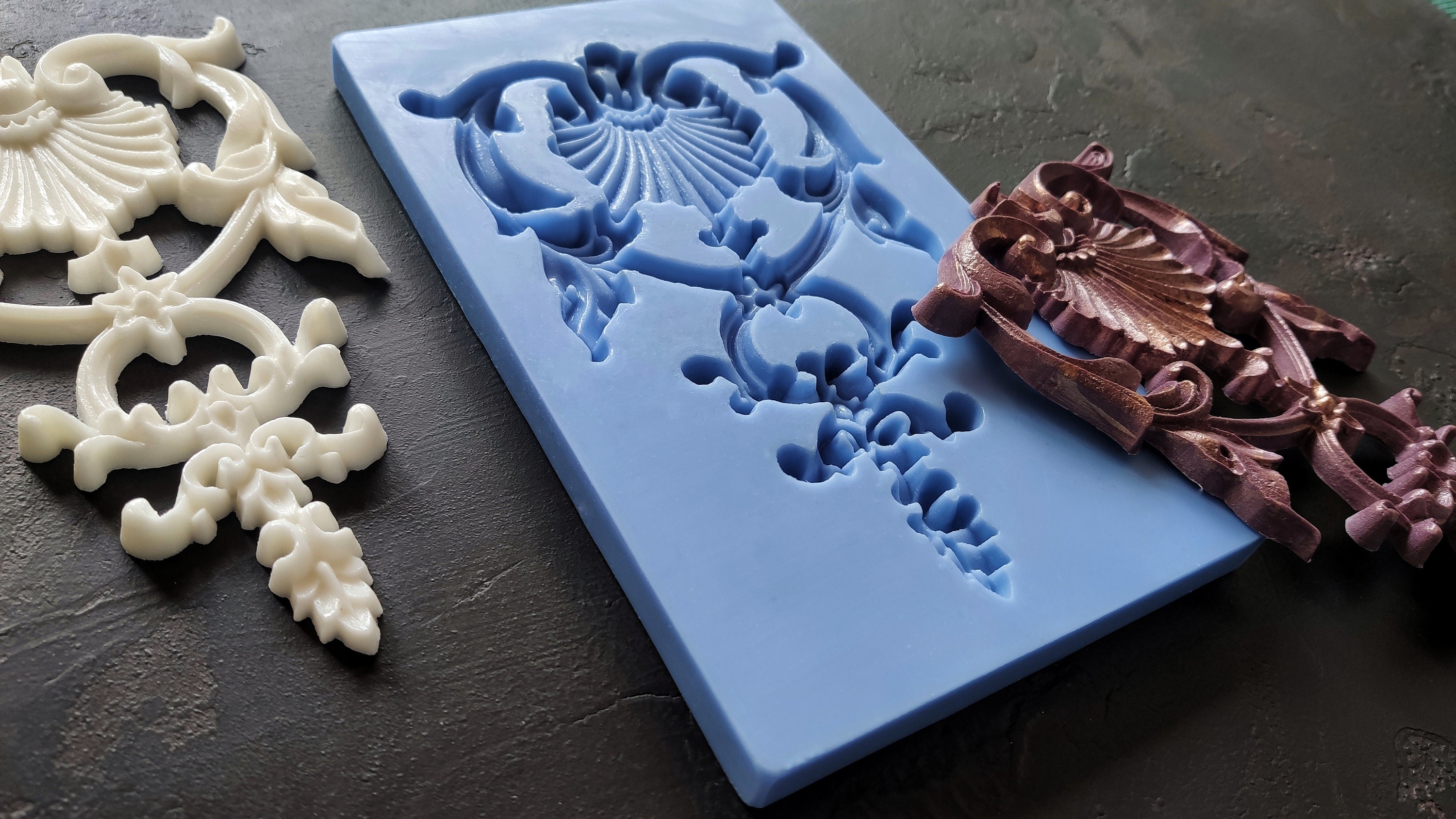 Silicone mold for vertical furniture pediment onlay 4 1/2 x 7 1/2 inch (11.5x19cm) furniture embellishment appliques, mold for resin