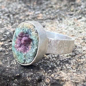 Ruby Zoisite Brushed Silver Ring -Raw Ruby Zoisite - Sterling Silver - Natural Ruby Zoisite - Rough Ruby Zoisite Gemstone Ring  - Handmade