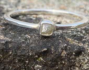 Raw Diamond Sterling Silver Ring - Size Q  - Natural Rough Diamond Solitaire - Solid silver Natural Diamond Ring - Rustic Diamond Ring