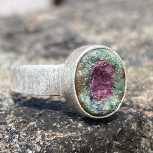 Ruby Zoisite Brushed Silver Ring -Raw Ruby Zoisite - Sterling Silver -  Natural Ruby Zoisite - Rough Ruby Zoisite Gemstone Ring  - Handmade