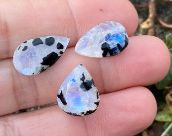 3 Tourmalinated Rainbow Moonstone Faceted Gemstones -Measuring 17x10mm to 14x12mm -Moonstone and black Tourmaline - Cut Rainbow Moonstone