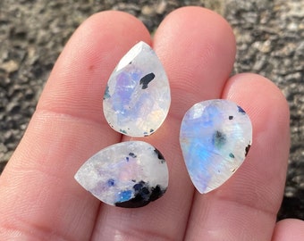 Rainbow Moonstone and Black Tourmaline Faceted Gemstones -Measuring 16x12mm to 15x11mm -3 Tourmalinated Rainbow Moonstones - Pear Shape