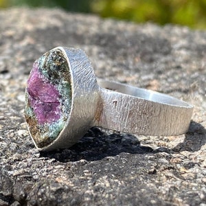 Ruby Zoisite Sterling Silver Ring -Raw Ruby Zoisite - Brushed Silver -  Natural Ruby Zoisite - Rough Ruby Zoisite Gemstone Ring  - Handmade