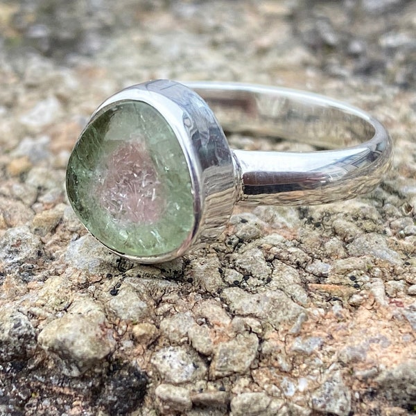Watermelon Tourmaline slice Sterling Silver Ring - Size L - Pink middle and green edges - Watermelon Tourmaline Ring - Tourmaline Slice Ring