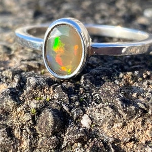 Opal Sterling Silver Ring - Size N 1/2 - Ethiopian Welo Opal Sterling Silver Ring - Solitaire Opal Ring - October Birthstone - Oval Opal