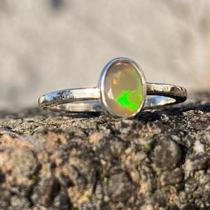 Opal Sterling Silver Ring - Size N - Natural Ethiopian Welo Opal Sterling Silver Ring - Solitaire Opal Ring - October Birthstone - Oval Opal