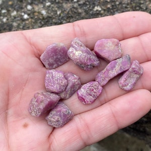 Puede incluir: Colección de piedras preciosas de rubí en bruto, sin cortar, de diversas formas y tamaños. Los rubíes muestran un tono rojo-rosado intenso con algunas zonas más claras y una superficie ligeramente texturizada. Las piedras preciosas se sostienen en una mano abierta.