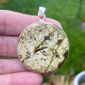 Peut inclure: Un pendentif rond avec une bélière argentée. Le pendentif présente un motif moucheté de teintes beige, marron et vertes. La pierre est sertie dans une lunette argentée.