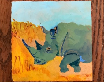 A Miniature Watercolor Painting of a Little Rhino