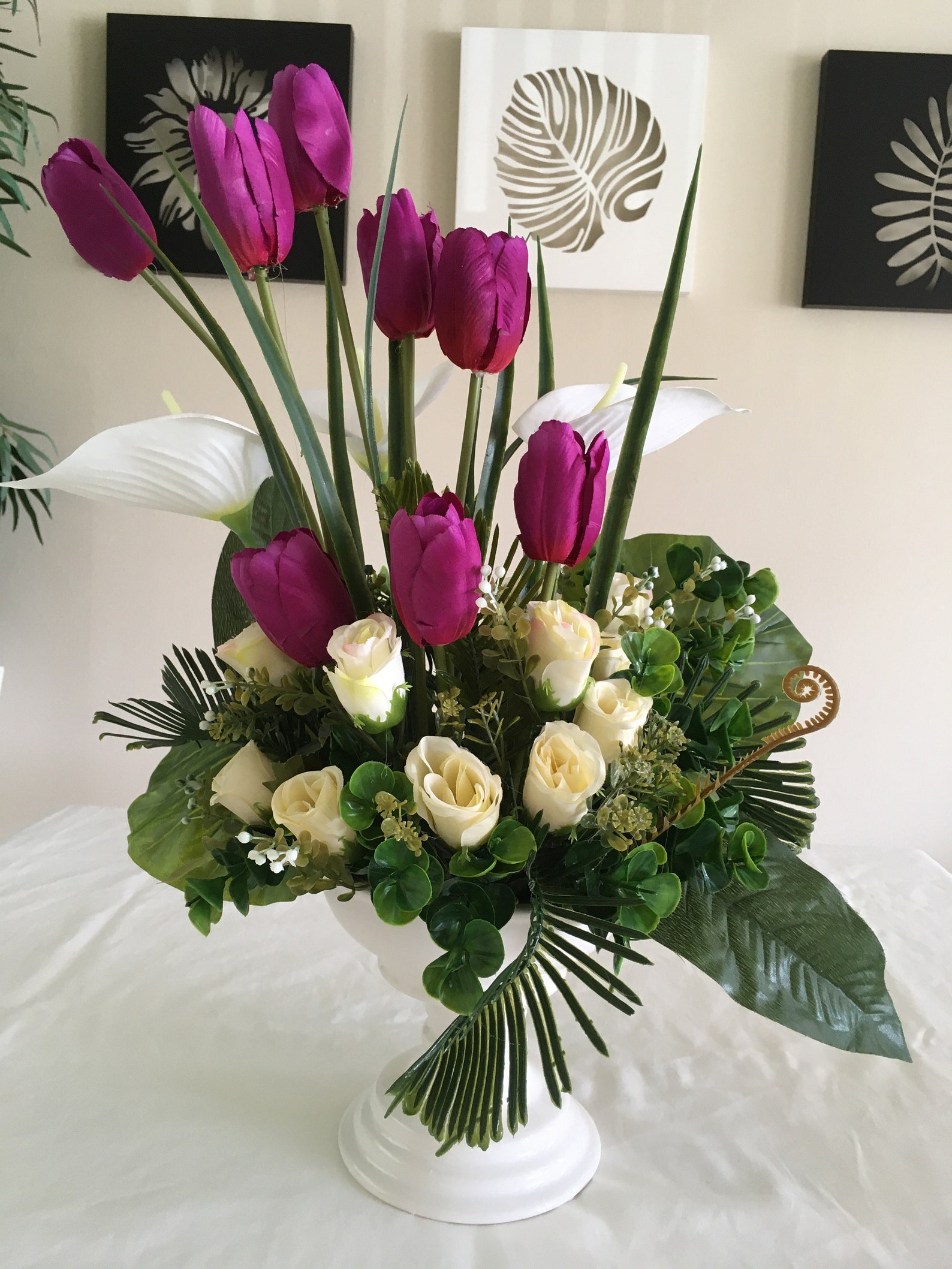 Elegant Floral Arrangement With Faux Tulips and Roses Etsy