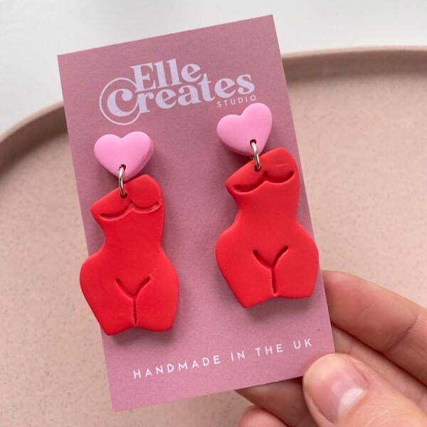 Red Venus In Love Heart Statement Dangle Earrings // Polymer Clay Earrings