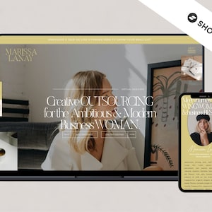 May include: A laptop computer displaying a website with the text "Creative Outsourcing for the Ambitious & Modern Business Woman." The website is designed in a minimalist style with a yellow and white color scheme. A mobile phone is also shown in the image, displaying a similar design with the text "Me, Your Virtual Wingwoman & Business bestie."