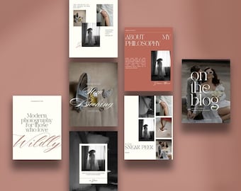 May include: A collection of Instagram story templates for photographers. The templates feature a variety of designs, including a black and white photo of a couple, a photo of a pair of shoes, and a photo of a couple holding hands. The templates also include text such as "Modern photography for those who love wildly", "New Booking", "About My Philosophy", "Sneak Peek", and "On the Blog".