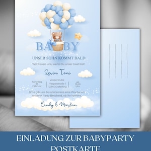 Invitation imprimée Baby Shower Carte postale Motif Ours et Ballons DIN A6 prête à être expédiée