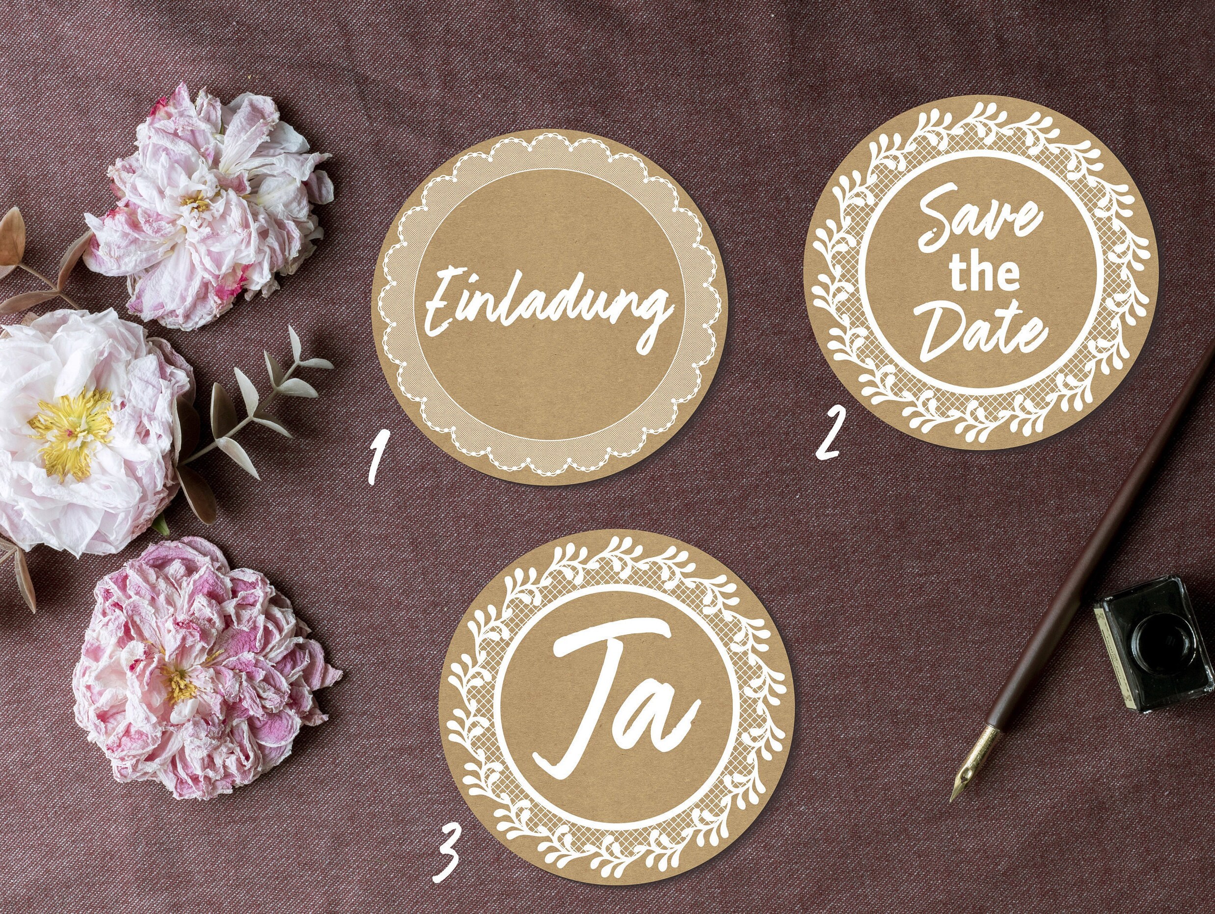 Personalized Stickers Stickers Round 40mm Kraft Paper Look With Lace