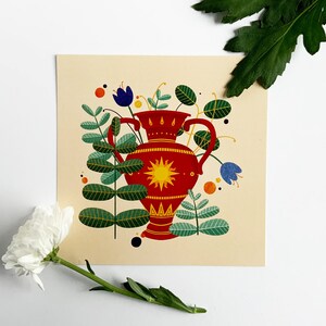 Stampa di cartolina quadrata del vaso del sole greco con illustrazioni floreali, stampa di arte celeste, arte della parete, design greco, cartolina illustrata