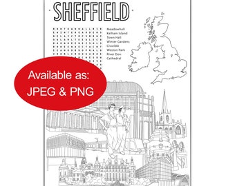 Children's Sheffield Printable Colouring Activity Sheet, Homeschooling Activity, Quarantine, Word search, Downloadable, Birthday Party