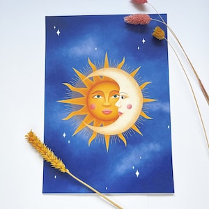 Impresión de sol y luna A4, arte de pared celestial, decoración boho, arte de astrología, hogar boho, luna creciente, arte de pared solar, arte hippie