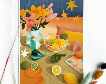 Funky stillevenkunstprint: retro kleurrijk kamerdecor