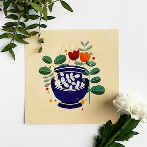 Stampa cartolina quadrata vaso in ceramica greca, decorazione murale, design greco, arte botanica