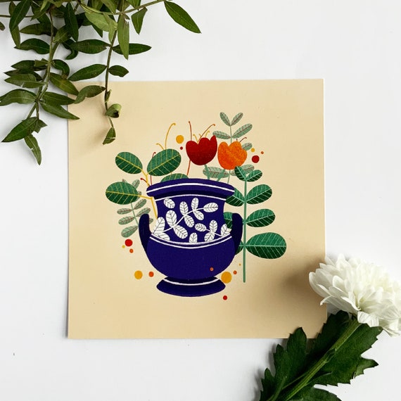 Greek Pottery Vase Square Postcard Print, Wall Decor, Grecian Design, Botanical Art