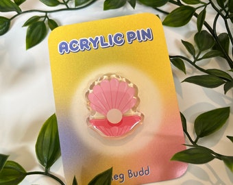 Pink Clam Shell with Pearl Acrylic Pin Badge, Cute accessories, pink gift, pink pin acrylic charm, kawaii cute badge