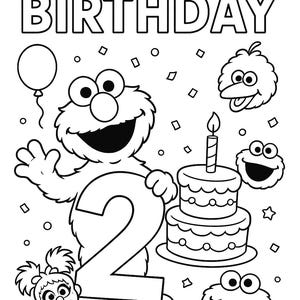 May include: Black and white line art illustration with the words "HAPPY BIRTHDAY" at the top. The number 2 is in the center, with cartoon characters, a balloon, a two-tiered cake with a candle, and confetti.
