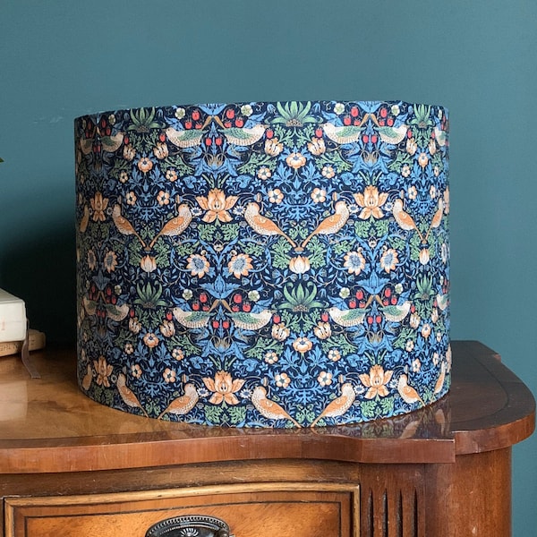 Willam Morris Navy Strawberry Thief Drum Lampshade blue bird fabric living room,30cm