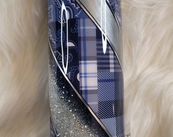 Custom Plaid Striped Glitter Tumbler, Travel Tumbler