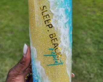 Custom Glittered Beach Themed Tumbler, Eat/Sleep/Beach/Repeat